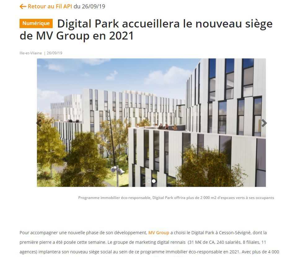 Digital Park accueillera le nouveau siège de MV Group en 2021